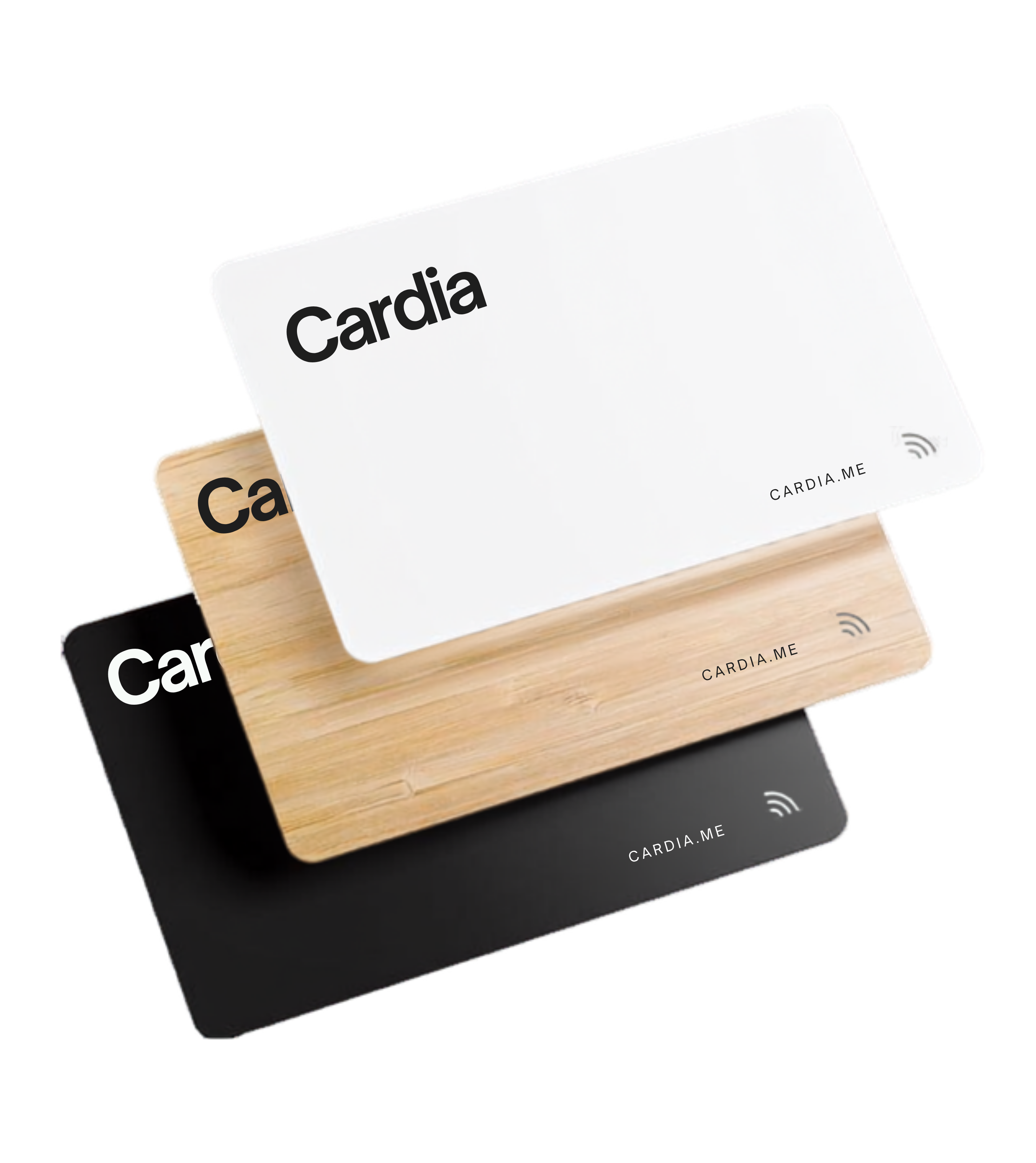 Cardia card materials — classic white, bamboo, and black